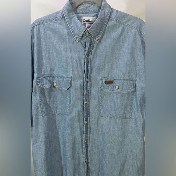 Carhartt Vintage Denim Shirt Button Up Chambray Work Shirt 100% Cotton Sz Large - Picture 2 of 7